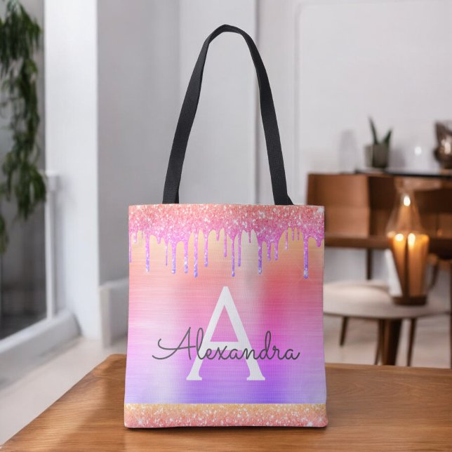 Pink Purple Glitter Sparkle Elegant Monogram Tote Bag (Creator Uploaded)