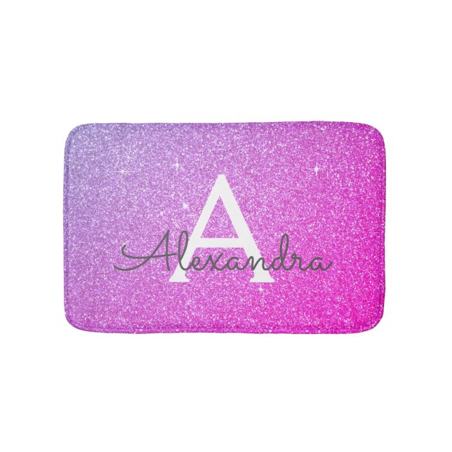 Pink Purple Glitter Sparkle Monogram Bath Mat (Front)