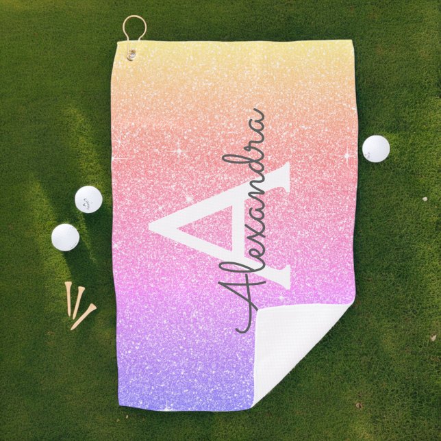 Pink Purple Glitter & Sparkle Monogram Name Golf Towel (Creator Uploaded)