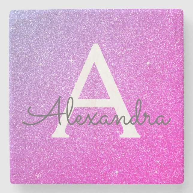 Pink Purple Glitter & Sparkle Monogram Stone Coaster (Front)