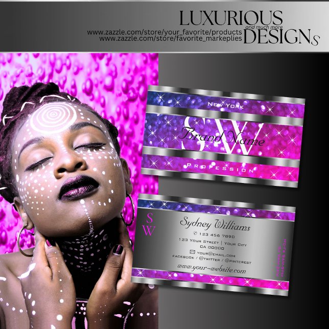 Pink Purple Glitter Stars Silver Decor Monogram Business Card (Creator Uploaded)