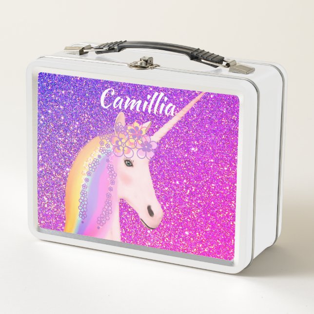Pink Purple Glitter Unicorn Fantasy Girls Custom Metal Lunch Box (Front)