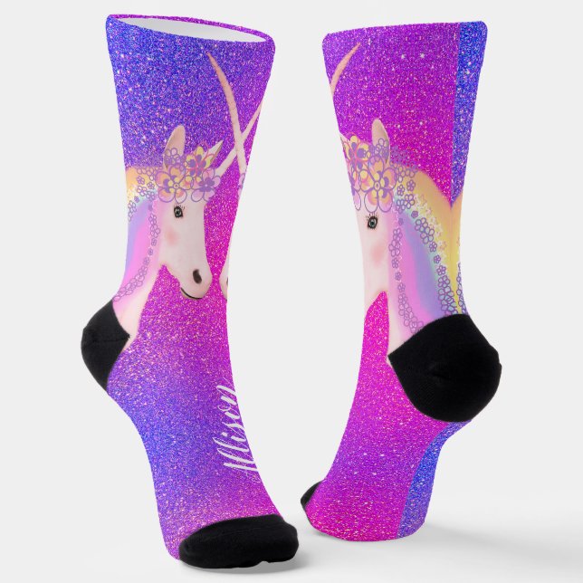 Pink Purple Glitter Unicorn Personalised Socks (Angled)
