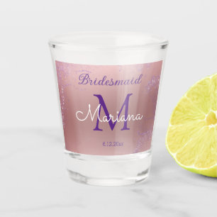 pink purple glitters bridesmaid monogram initials shot glass