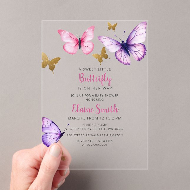 Pink Purple Gold Butterfly Baby Shower Acrylic Invitations (Insitu (Handheld))