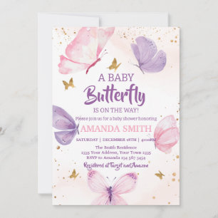 Pink Purple Gold Butterfly Baby Shower Invitation