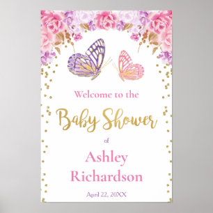 Pink purple gold Butterfly baby shower welcome Poster