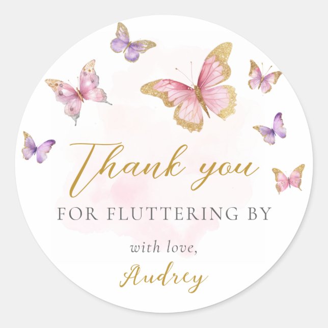 Pink Purple Gold Butterfly Girl Baby Shower Classic Round Sticker (Front)