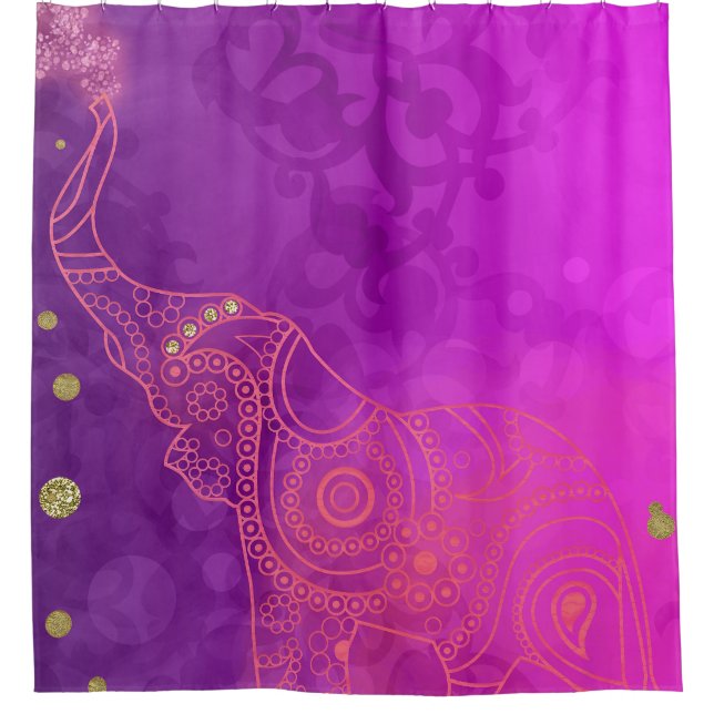 Pink Purple Gold Elephant Exotic Bright Good Luck Shower Curtain (Front)