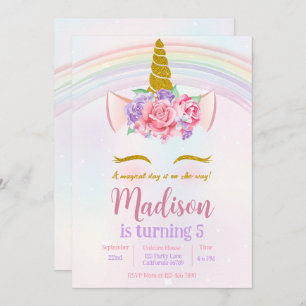 Pink Purple Gold Floral Rainbow Unicorn Party  Invitation