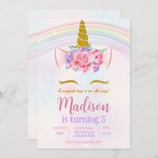 Pink Purple Gold Floral Rainbow Unicorn Party  Invitation