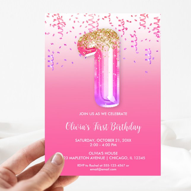 Pink purple gold foil balloon girls 1st birthday invitation (Creator Uploaded)