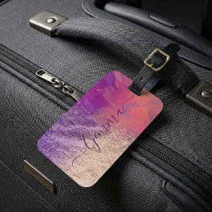 Pink Purple Gold Foil Glitter Calligraphy Script  Luggage Tag