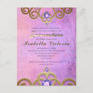 Pink Purple Gold Gitter Jewelled Tiara Quinceañera Postcard