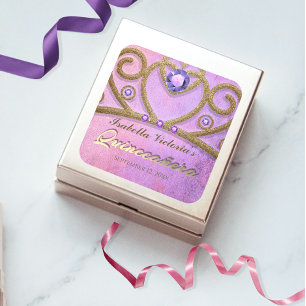 Pink Purple Gold Glitter Jewelled Tiara Quinceañer Square Sticker