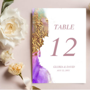 Pink Purple Gold Ink Wedding Table Number card