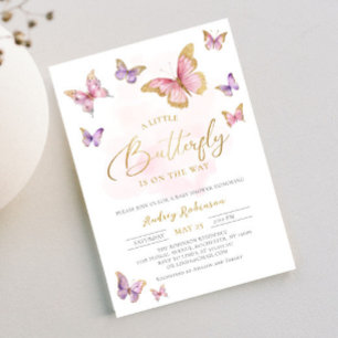 Pink Purple Gold Little Butterfly Girl Baby Shower Invitation