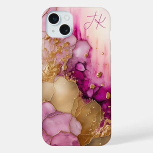 Pink Purple Gold Marble Personalised Monogram iPhone 15 Plus Case