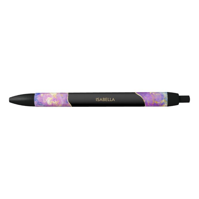 Pink Purple Gold Opal Gemstone Personalise Name Black Ink Pen (Front)