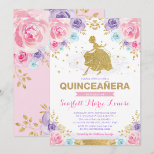 Pink Purple Gold Roses Princess Quinceañera Invitation