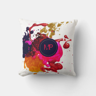 Pink Purple Gold Splatter Monogram Cushion