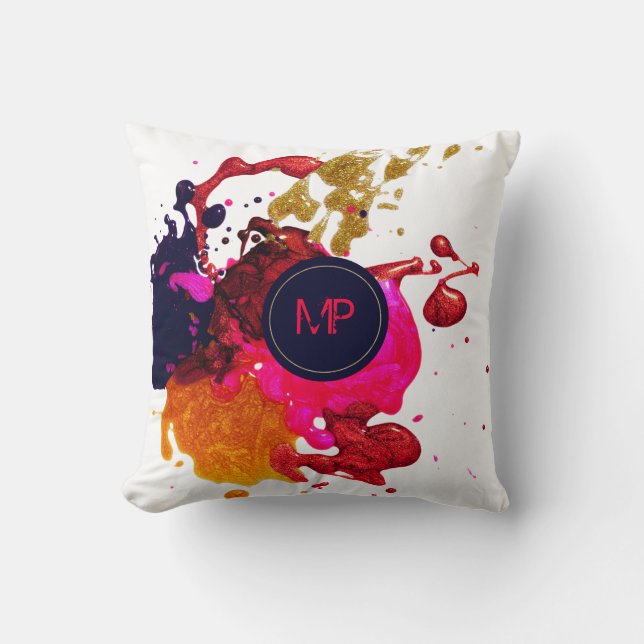 Pink Purple Gold Splatter Monogram Cushion (Front)