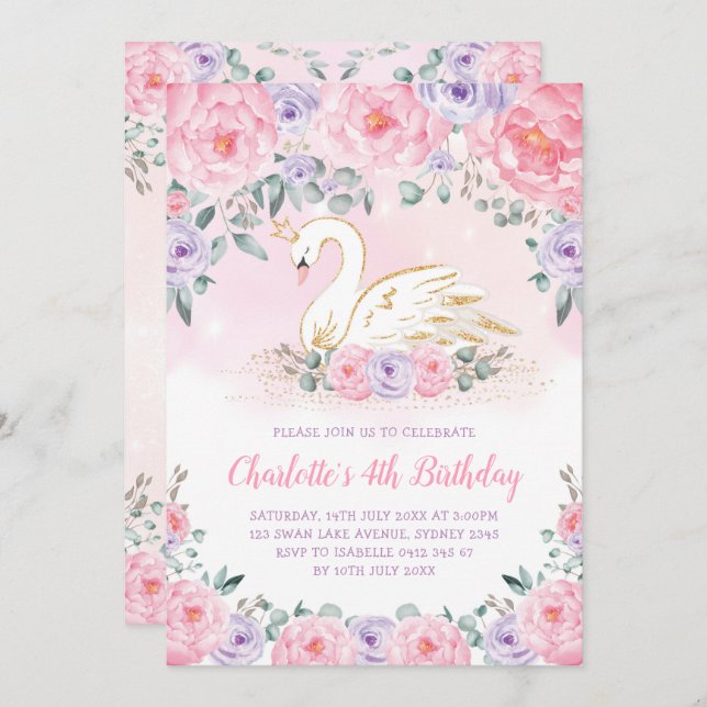 Pink Purple Gold Swan Princess Birthday Party Invitation (Front/Back)