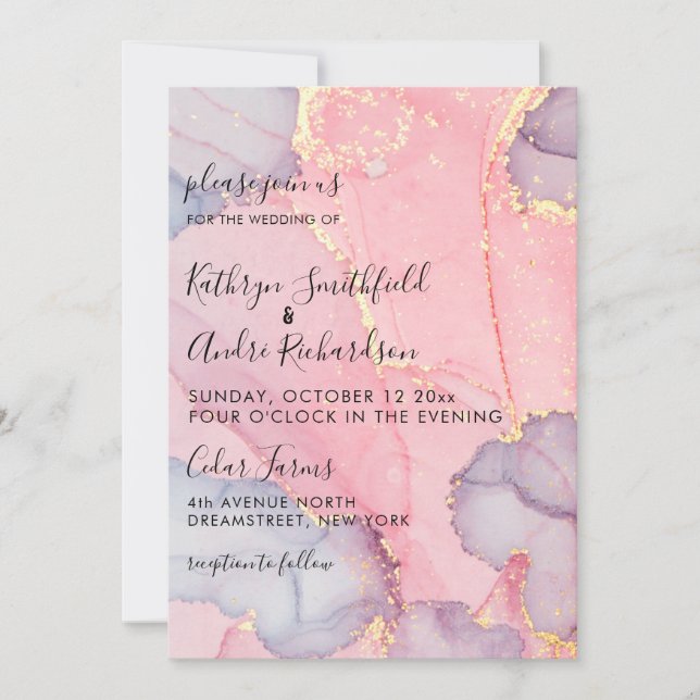 Pink Purple Gold Vintage Wedding Invitation (Front)