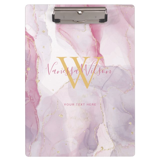 Pink Purple Gold Watercolor Monogram Script Clipboard (Front)
