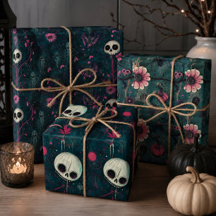 Pink & Purple Gothic Halloween Skulls & Flowers  Wrapping Paper Sheet