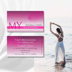 Pink Purple Gradient Palm Leaf and Monogram Simple Business Card