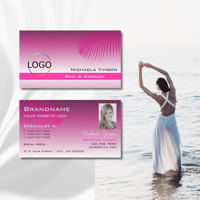 Pink Purple Gradient Palm Leaf with Logo and Photo Business Card (Creator Uploaded)