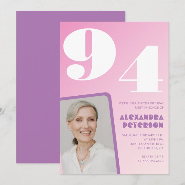 Pink Purple Gradient Photo 94th birthday Invitation (Front/Back)