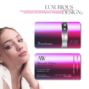 Pink Purple Gradient Silver Effects with Initials Business Card