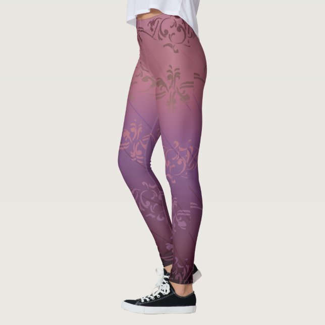 Pink Purple Gradient Striped Floral Leaf Pattern Leggings (Left)