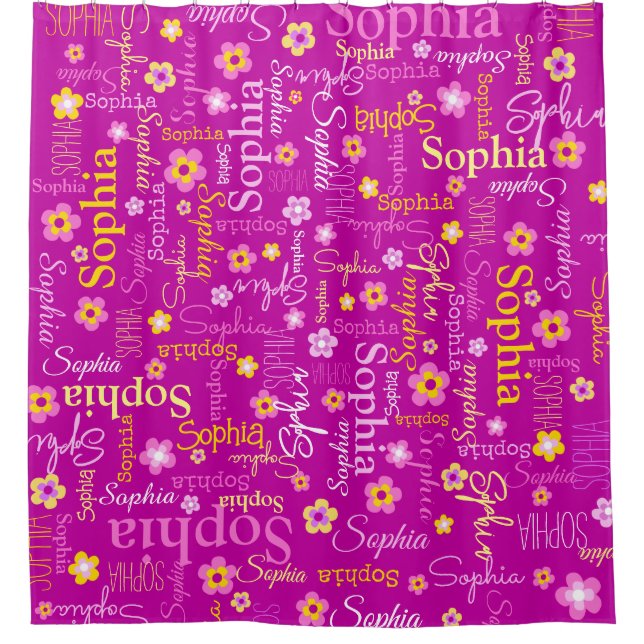 Pink purple graphic flowers text name personalise shower curtain (Front)
