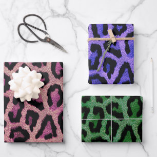 Pink Purple Green Black Leopard Animal Print Wrapping Paper Sheet