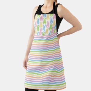 PINK PURPLE GREEN BLUE EASTER BUNNIES & STRIPES APRON