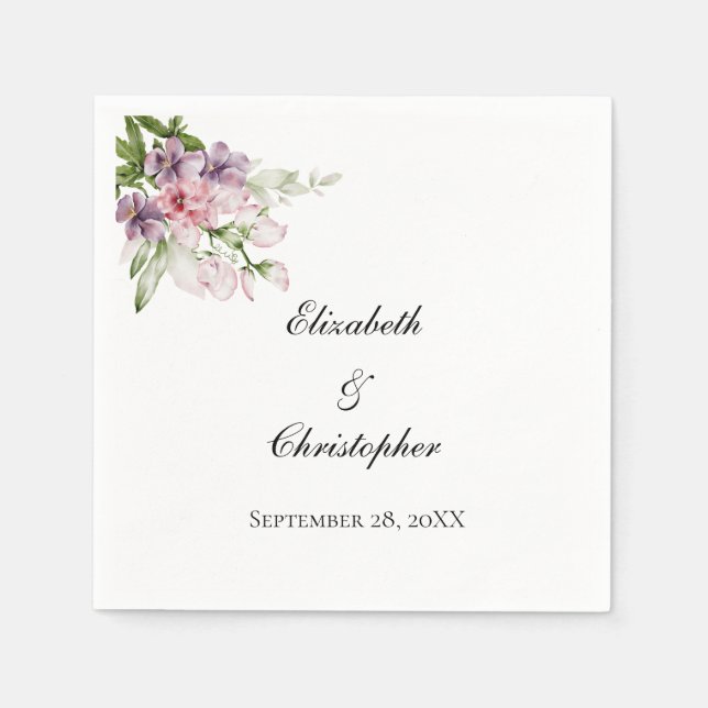 Pink Purple Green Floral Greenery Elegant Wedding Napkin (Front)