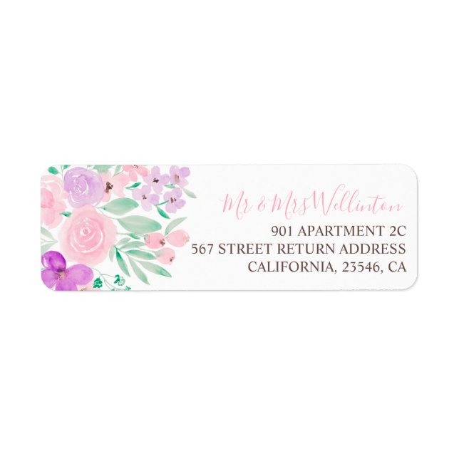 Pink purple green floral return wedding address label (Front)