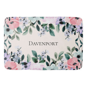 Pink Purple & Green Floral Watercolor Bath Mat
