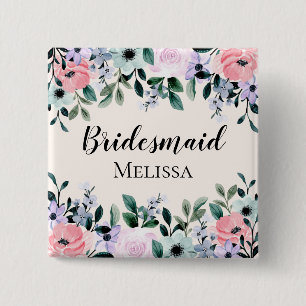Pink Purple & Green Floral Watercolor Bridesmaid 15 Cm Square Badge