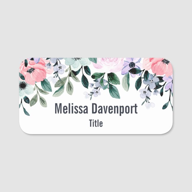  Pink Purple & Green Floral Watercolor Name Tag (Front)