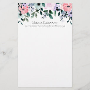 Pink Purple & Green Floral Watercolor Stationery