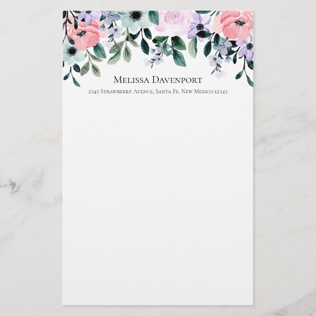 Pink Purple & Green Floral Watercolor Stationery (Front)