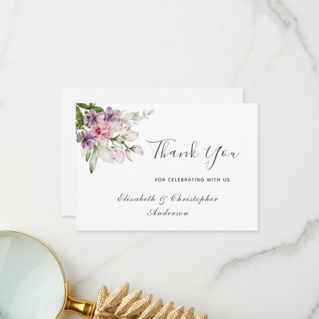 Pink Purple Green Floral Wedding Thank You Card (Front/Back In Situ)