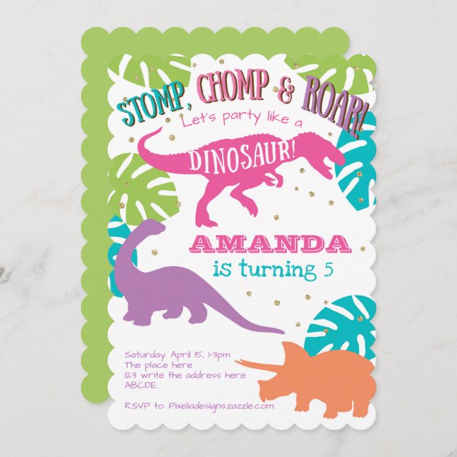 Pink,Purple, Green, Girl, Dinosaur Birthday Party Invitation (Front/Back)