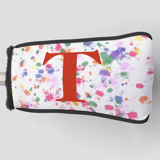 Pink Purple Green Paint Splat Red Monogram Golf Head Cover (Front)