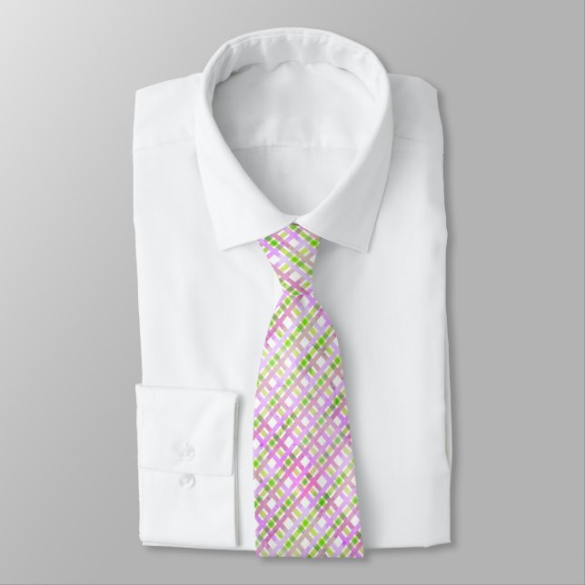 Pink Purple Green Pastel Plaid Neck Tie (Tied)