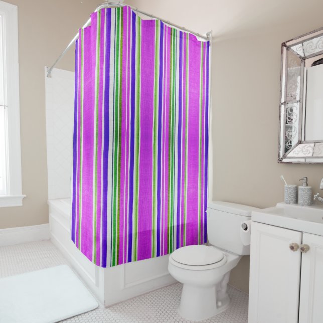 Pink Purple Green Trendy Striped Fabric Texture Shower Curtain (In Situ)